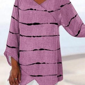 This Autumn And Spring Women's Fashion Casual Stripe Printed v-Neck Long Sleeve t-Shirt Made Of Comfortable And Elastic Fabric. It Is Wholesale Sexy Plus Size Tops For Women. With The Gradual Rise Of Feminist Awareness