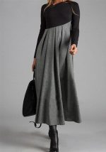 This Autumn And Winter Contrast Color v-Neck Long Sleeve Patchwork Swing Dress Design Made Of High Quality Polyster And Spandex Material