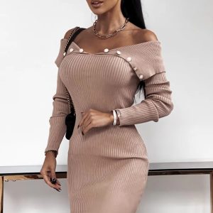 This Autumn And Winter Women Clothing Buttoning Long Sleeve Knitting Bodycon Dress Combine The Warm And Fashion. It Is a Must-Have Item For This Winter. Sweater Dresses For Women At Global Lover Comes For Different Occasions - Daily Life