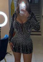 This Autumn And Winter Women's Sexy Mesh Patchwork Beaded Long Sleeve Nightclub Party Dress Design Made Of High Quality Polyster And Spandex Material