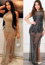 This Autumn And Winter Women's Sexy See-Through Evening Beaded Nightclub Dress For Women Design Made Of High Quality Polyster And Spandex Material