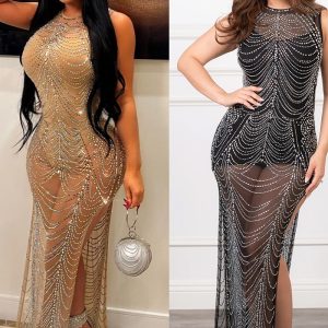 This Autumn And Winter Women's Sexy See-Through Evening Beaded Nightclub Dress For Women Design Made Of High Quality Polyster And Spandex Material