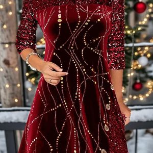 This Autumn And Winter Solid Color Round Neck Long-Sleeved Sequined Patchwork a-Line Dress For Women Design Made Of High Quality Polyster And Spandex Material. It Is Stretchy