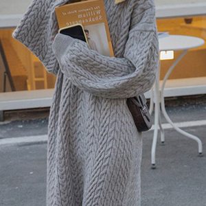 This Autumn And Winter v-Neck Retro Style Twist Embossed Pullover Sweater Casual Knitting Basic Dress For Women Combine The Warm And Fashion. It Is a Must-Have Item For This Winter. Sweater Dresses For Women At Global Lover Comes For Different Occasions - Daily Life