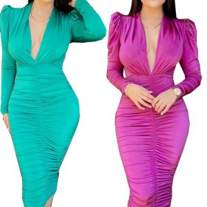 This Autumn And Winter Women's v-Neck Solid Color Long Sleeve Dress Design Made Of High Quality Polyster And Spandex Material. It Come With Good Stretch And Wearing Comfortable. Women¡¯s Midi Dresses Is Omnipotent And Suit For All Kinds Of Occasions - Daily Wear