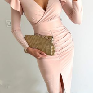 This Autumn Deep v-Neck Character Chic Slim Waist Slit Solid Color Long-Sleeved Dress Design Made Of High Quality Polyster And Spandex Material. It Come With Good Stretch And Wearing Comfortable. Women¡¯s Midi Dresses Is Omnipotent And Suit For All Kinds Of Occasions - Daily Wear