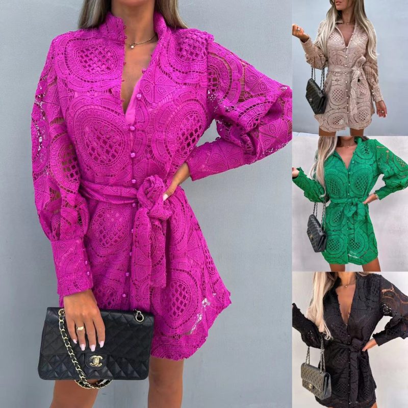 This Autumn Lace Cutout Casual Career Style Long Shirt Dress Design Made Of High Quality Polyster And Spandex Material. It Is Stretchy