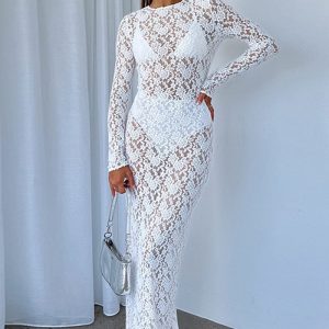 This Autumn Women's Hollow Lace Pattern See-Through Slim Long Dress Design Made Of High Quality Polyster And Spandex Material