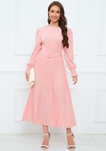 This Autumn/Winter Round Neck Puff Long Sleeve Pleated a-Line Midi Dress Design Made Of High Quality Polyster And Spandex Material. It Come With Good Stretch And Wearing Comfortable. Women¡¯s Midi Dresses Is Omnipotent And Suit For All Kinds Of Occasions - Daily Wear