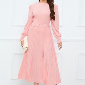 This Autumn/Winter Round Neck Puff Long Sleeve Pleated a-Line Midi Dress Design Made Of High Quality Polyster And Spandex Material. It Come With Good Stretch And Wearing Comfortable. Women¡¯s Midi Dresses Is Omnipotent And Suit For All Kinds Of Occasions - Daily Wear