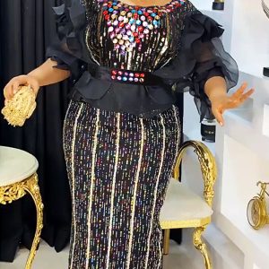 This Beaded African Women's Party Evening Dress With Belt Made Of Soft And Elastic Fabric. Global Lover Wholesale Plus Size Dresses And Hope Curvy Ladies Find Here a Warm And Exciting Place To Shop Affordable Curvy Dresses Online - Plus Size Casual