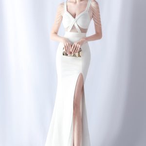 This Beading See-Through Wedding Party Formal Dinner Evening Dress Design Made Of Good Quality Polyster And Spandex Material