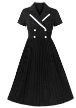 This Black And White Retro Sweet Pleated Turndown Collar Short-Sleeved Slim Waist Slim Fit Elegant Dress For Women Design Made Of High Quality Polyster And Spandex Material. It Is Stretchy