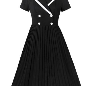 This Black And White Retro Sweet Pleated Turndown Collar Short-Sleeved Slim Waist Slim Fit Elegant Dress For Women Design Made Of High Quality Polyster And Spandex Material. It Is Stretchy