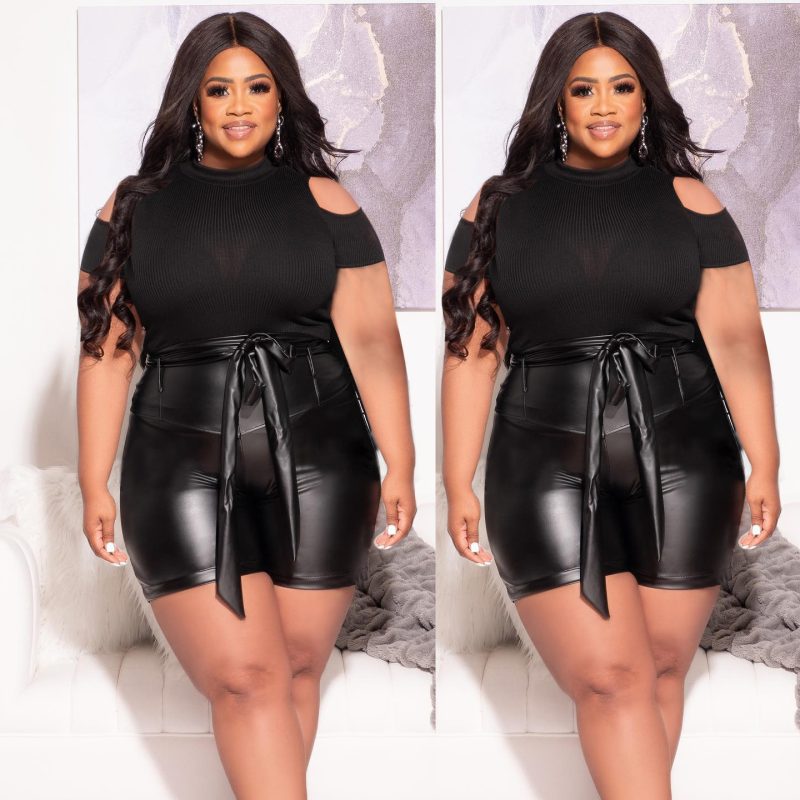 This Black Sexy Slim Fit Knitting Off Shoulder Top Bodycon Leather Pants Fashion Set Design And Made Of Comfortable And Elastic Fabric. Wholesale Plus Size Two Piece Sets Is a Must-Have Item For Curvy Ladies. Two Piece Sets Can Either Be Worn Together Or Individually