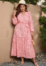 This Bohemian v Neck Belt Long Sleeve Casual Holidays Long Sleeve Dress Made Of Soft And Elastic Fabric. Global Lover Wholesale Plus Size Dresses And Hope Curvy Ladies Find Here a Warm And Exciting Place To Shop Affordable Curvy Dresses Online - Plus Size Casual