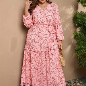 This Bohemian v Neck Belt Long Sleeve Casual Holidays Long Sleeve Dress Made Of Soft And Elastic Fabric. Global Lover Wholesale Plus Size Dresses And Hope Curvy Ladies Find Here a Warm And Exciting Place To Shop Affordable Curvy Dresses Online - Plus Size Casual