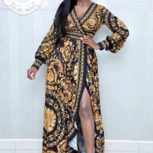 This Bohemian v-Neck Vintage Positioning Flower Print Pockets Swing Long Sleeve Maxi Dress Design Made Of High Quality Polyster And Spandex Material