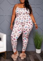 This Butterfly Print Sexy Straps Plus Size Jumpsuit Design Made Of High Quality Polyster And Spandex Material. It Is Stretchy