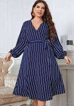 This Career Stripe Loose v-Neck Plus Size Belted Women's Dress Made Of Soft And Elastic Fabric. Global Lover Wholesale Plus Size Dresses And Hope Curvy Ladies Find Here a Warm And Exciting Place To Shop Affordable Curvy Dresses Online - Plus Size Casual