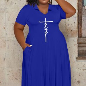 This Casual Fashion Print Turndown Collar Short Sleeve Solid Plus Size Women's Midi Dress Made Of Soft And Elastic Fabric. Global Lover Wholesale Plus Size Dresses And Hope Curvy Ladies Find Here a Warm And Exciting Place To Shop Affordable Curvy Dresses Online - Plus Size Casual