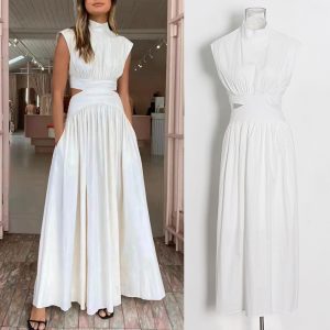 This Casual Maxi Dress Summer Simple Stand Collar Sleeveless Cut Out Solid Color Dress Design Made Of High Quality Polyster And Spandex Material