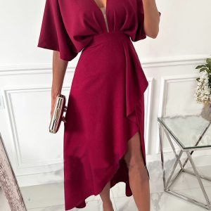 This Casual v-Neck Solid Color Irregular Dress For Women Design Made Of High Quality Polyster And Spandex Material. It Is Stretchy