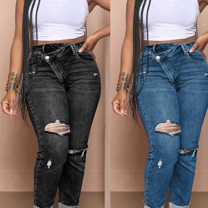 This Casual Women's Style Ripped Buckle Stretch Denim Pants Design Made Of Durable And Stretchy Jeans Fabric. It Is a Must-Have Item For Daily Life. Trendy Wholesale Jeans Is a Indispensable Item For Everyday Fashion. Women¡¯s Jeans With High Waist Is a Must Have Trousers That Lengthening Your Leg Lines And Tightening The Excess Flesh Of Your Waist. Grab a Must Have High Waist Jeans Wholesale For Your Closet