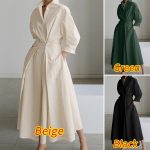 This Chic Career Linen Turndown Collar Polo Collar Shirt Sleeves Elastic Waist Swing Dress Design Made Of High Quality Polyster And Spandex Material