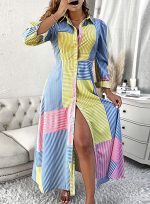 This Chic Color Block Striped Puff Sleeve Long Shirt Dress Design Made Of High Quality Polyster And Spandex Material. It Is Stretchy