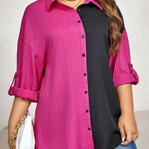 This Chic Elegant Career Long Sleeve Turndown Collar Color Block Shirt Top Made Of Comfortable And Elastic Fabric. It Is Wholesale Sexy Plus Size Tops For Women. With The Gradual Rise Of Feminist Awareness