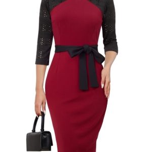 This Chic Elegant Lace Patchwork Zip Colorblock Midi Dress Bodycon Work Dress Design Made Of High End Polyster And Spandex Material