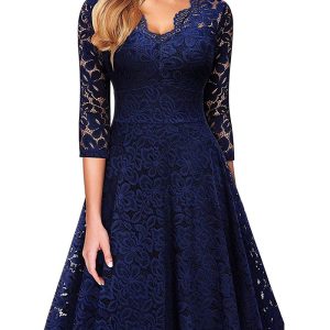 This Chic Elegant Sexy v Neck Lace Three Quarter Sleeve a-Line Dress Design Made Of High Quality Polyster And Spandex Material. It Is Stretchy