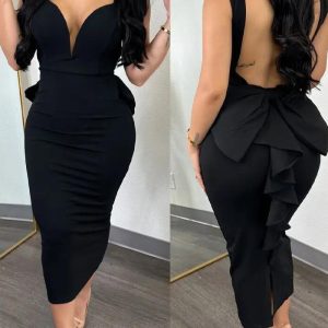 This Chic Elegant Solid Color Low Back Deep v High Waist Bow Elastic Slit Bodycon Dress Design Made Of High Quality Polyster And Spandex Material. It Come With Good Stretch And Wearing Comfortable And Feeling Freedom. The Tight And Fitted Dress Is The Most Popular Options From Party Girls. Shop Bodycon Dresses At Global Lover And Find Amazing Designs Sequins