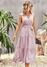 This Chic Elegant v-Neck Sleeveless Spring Summer Casual Long Dress Design Made Of High Quality Polyster And Spandex Material