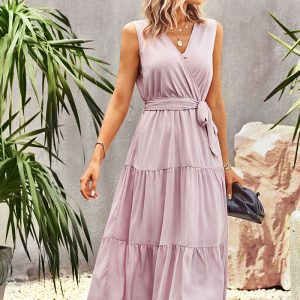 This Chic Elegant v-Neck Sleeveless Spring Summer Casual Long Dress Design Made Of High Quality Polyster And Spandex Material