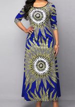 This Chic Elegant Women's Round Neck Quarter Sleeve Printed Long Dress Design Made Of High Quality Polyster And Spandex Material