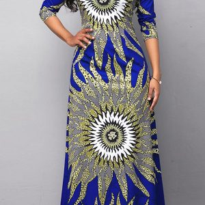 This Chic Elegant Women's Round Neck Quarter Sleeve Printed Long Dress Design Made Of High Quality Polyster And Spandex Material