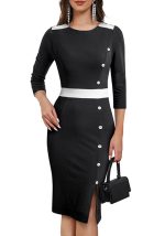 This Chic Patchwork Round Neck Midi Colorblock Button Slit Bodycon Career Dress Design Made Of High Quality Polyster And Spandex Material. It Come With Good Stretch And Wearing Comfortable. Women¡¯s Midi Dresses Is Omnipotent And Suit For All Kinds Of Occasions - Daily Wear