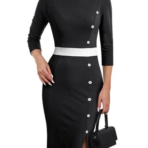 This Chic Patchwork Round Neck Midi Colorblock Button Slit Bodycon Career Dress Design Made Of High Quality Polyster And Spandex Material. It Come With Good Stretch And Wearing Comfortable. Women¡¯s Midi Dresses Is Omnipotent And Suit For All Kinds Of Occasions - Daily Wear