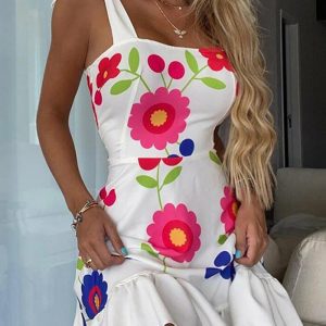 This Chic Sexy Strap Flower Irregular Loose Dress For Women Design Made Of High Quality Polyster And Spandex Material. It Is Stretchy