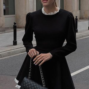 This Chic Slim Contrast Color Ruffle Edge Long Sleeve a-Line Black Dress Design Made Of High Quality Polyster And Spandex Material. It Is Stretchy