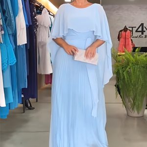 This Chic Solid Color Shawl Evening Dress High Waist Womens Chiffon Pleated Dress Design Made Of Good Quality Polyster And Spandex Material