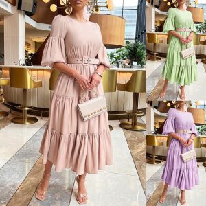 This Chic Women Summer Bubble Sleeve Ruffles Dress Design Made Of High Quality Polyster And Spandex Material. It Is Stretchy