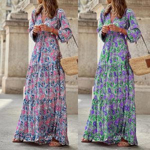 This Chic Women v Collar Bohemian Print Swing Maxi Dress Design Made Of High Quality Polyster And Spandex Material. Print Dresses Is More Interesting And Stylish. Print Maxi Dresses Is One Of The Popular Item For Islander Vocations. Women¡¯s Print Dresses At Global Lover Comes With Forever Floral