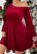 This Christmas Plus Size Women's Chic Sexy Off Shoulder Long Sleeve Velvet Slim Waist a-Line Dress Made Of Soft And Elastic Fabric. Global Lover Wholesale Plus Size Dresses And Hope Curvy Ladies Find Here a Warm And Exciting Place To Shop Affordable Curvy Dresses Online - Plus Size Casual