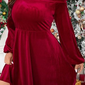 This Christmas Plus Size Women's Chic Sexy Off Shoulder Long Sleeve Velvet Slim Waist a-Line Dress Made Of Soft And Elastic Fabric. Global Lover Wholesale Plus Size Dresses And Hope Curvy Ladies Find Here a Warm And Exciting Place To Shop Affordable Curvy Dresses Online - Plus Size Casual