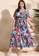 This Colorful Printed Holidays Dress Plus Size v-Neck Short-Sleeved Chiffon Dress Made Of Soft And Elastic Fabric. Global Lover Wholesale Plus Size Dresses And Hope Curvy Ladies Find Here a Warm And Exciting Place To Shop Affordable Curvy Dresses Online - Plus Size Casual