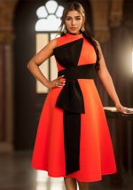 This Contrast Color Bow-Decorated a-Line Fashion Career Formal Party Dress Design Made Of High Quality Polyster And Spandex Material. It Is Stretchy