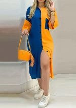 This Contrast Color Patchwork Plus Size Women's Turndown Collar Half Sleeve Long Shirt Dress Made Of Soft And Elastic Fabric. Global Lover Wholesale Plus Size Dresses And Hope Curvy Ladies Find Here a Warm And Exciting Place To Shop Affordable Curvy Dresses Online - Plus Size Casual